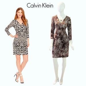 Calvin Klein NEW Glam-Goth Leopard Print Gold Chain Lace-Up 3/4 Sleeve Dress 12